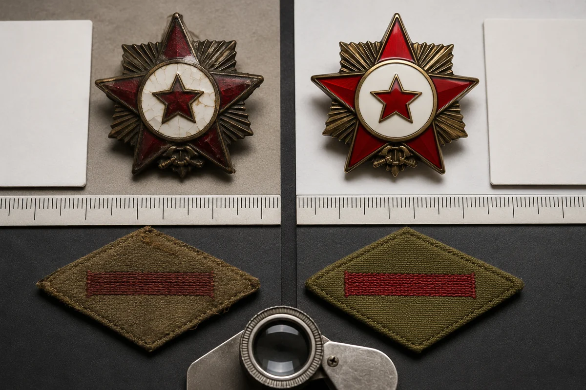 Side-by-side comparison of aged and modern Soviet-style badge and cloth insignia construction