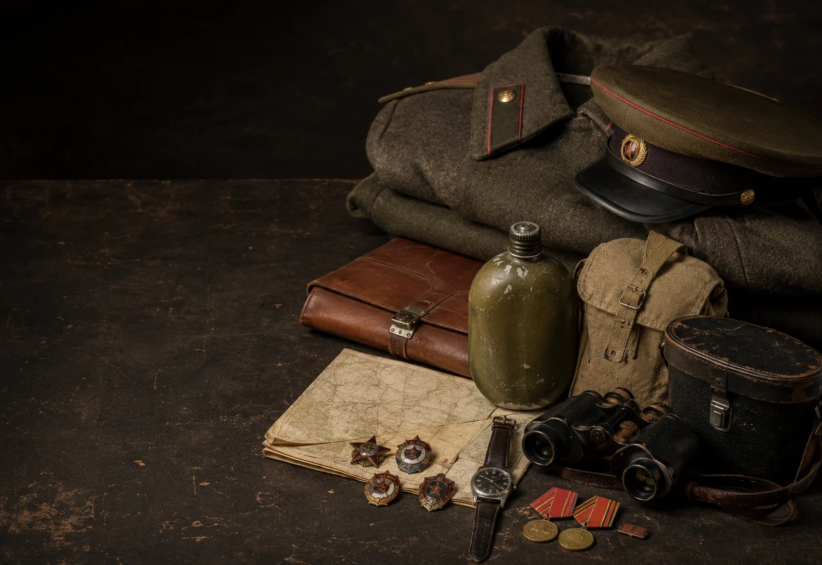 Soviet-era uniform, cap, field gear, watch, binoculars, medals and map arranged on an archival table